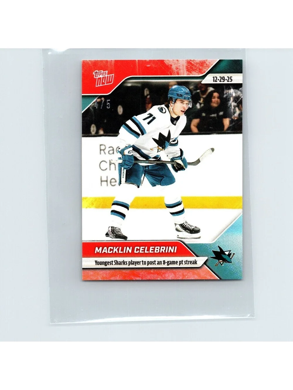 2025-26 Topps NHL Now - Macklin Celebrini #75 - Sharks 8-Game Pt - Red Ice #/5